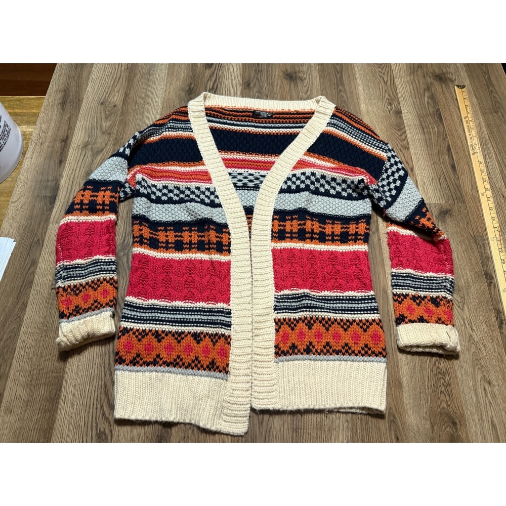 Miss Kelly Sweater, Women's M/L, Orange Blue Pink White, Striped, Open Cardigan